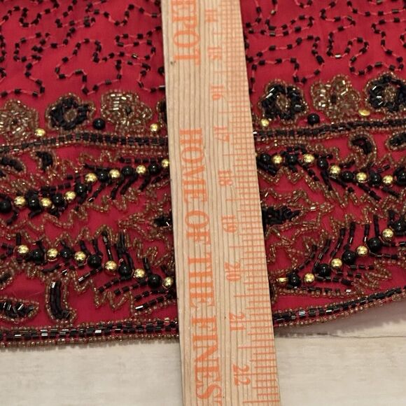 Laurence Kazar XL Formal Jacket Red Collarless Crop Black Gold Beads Lined VTG - Picture 6 of 6